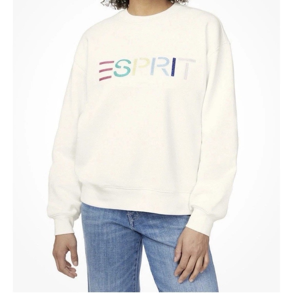 Esprit Sweatshirt Women XS Cream Multi Embroidered Logo Crewneck Fleece NEW